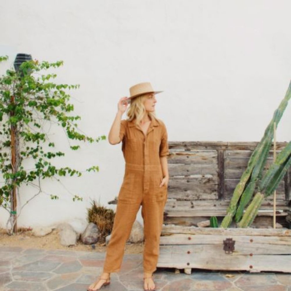 Linen Short Sleeve Jumpsuit in Sedona
